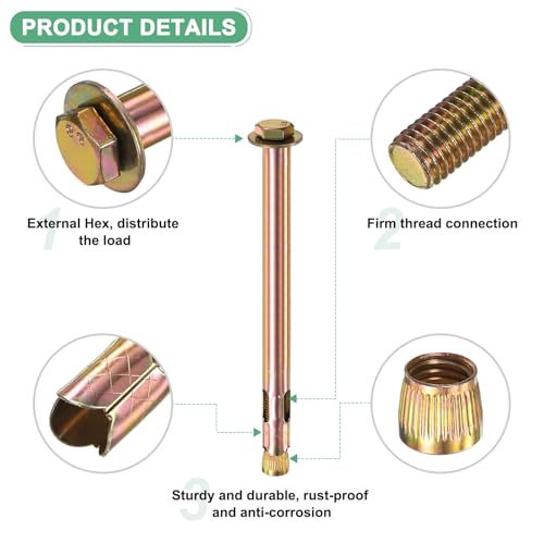 Image of M METERXITY 5-Pack Hex Expansion Bolt, M12x200mm Colored Galvanized Iron-Carbon Steel External Hex Expansion Bolts, Anti-Corrosion Metal Bolt for Concrete /Dry Brick /Block Walls