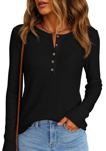 Image of PRETTYGARDEN Women's Long Sleeve Waffle Knit Henley Shirts Loose Tunic Tops