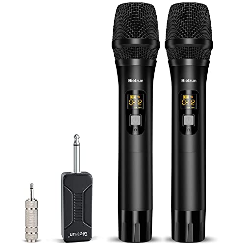 Bietrun Micro sans Fil Professionnel 50M, UHF Micro Double Portable pour Karaoke Noir