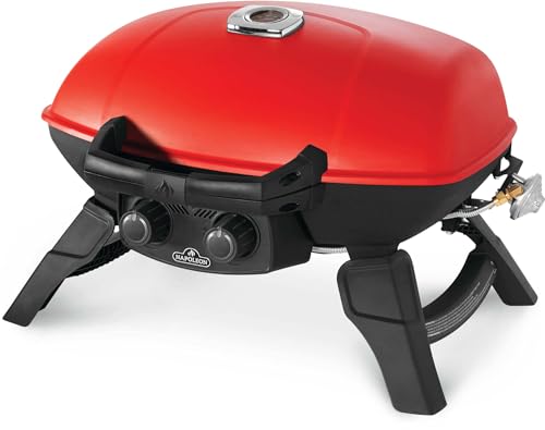 Image of Napoleon TravelQ 285 Portable Propane Gas Grill with Griddle, Red, 2 Burners, Tailgating, Camping, and Small Outdoor Spaces