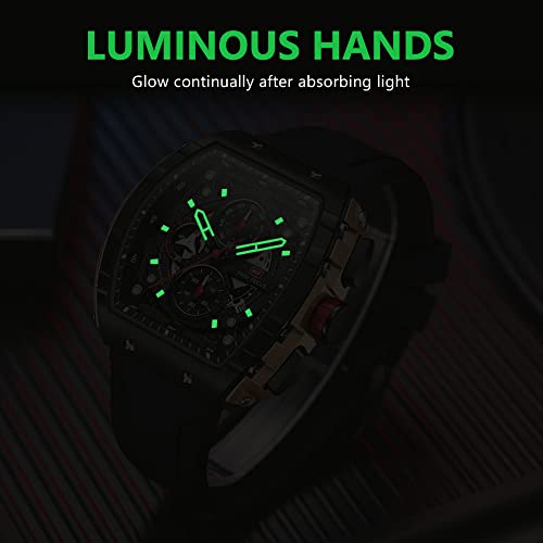 AIMES Luxury Skeleton Watch Men Waterproof Adjustable Silicone Strap Steampunk Style Chronograph Calendar Date Luminous Business Large Square Dial