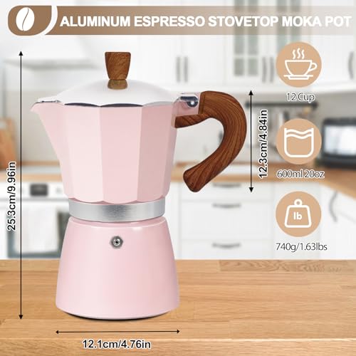 Image of Aluminum 12 Cup 600ml Moka Pot Express Coffee Maker Stovetop Espresso Colorful Coffeemaker Italian Classic Style Brewing Greca Cafe Mocha Machine for Cafeteras Lover Camping Travel and Home Use 20oz