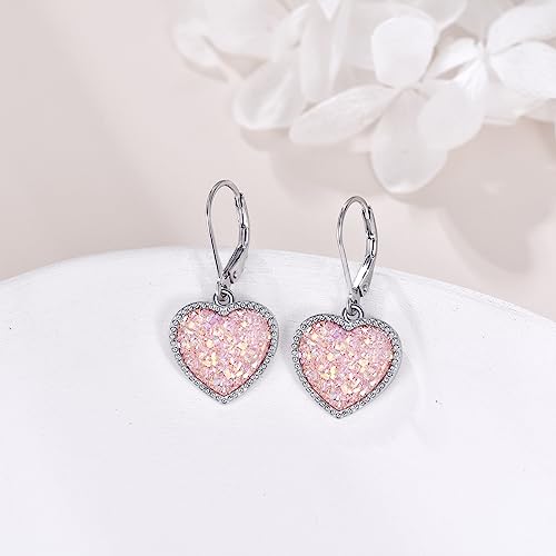 Heart Dangle Earrrings Pink/Blue/Purple Drusy Crystal Leverback Drop Earrings Jewelry Gift for Women4