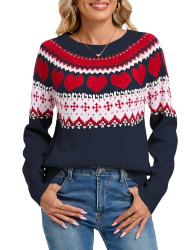 Image of Women's Fair Isle Sweater Crew Neck Long Sleeve Fall Vintage Knit Tops