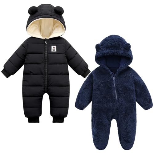 Image of Newborn Winter Coat (Black, 0-6Months) & Newborn Fleece Romper (Navy, 3M)
