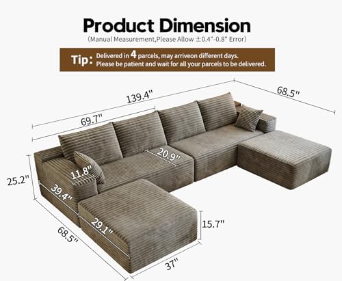 139.4" Modular Sectional Sofa, U-Shaped Minimalist Couches with 2 Ottomans Chaise, Modern Deep Seat Convertible Sleeper Sofa Bed,Cloud Plush Corduroy Fabric, No Assembly Required, 6 Seater, Camel - Thumbnail 3