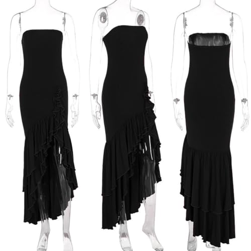 Image of Women's Sexy Strapless Backless High Split Long Maxi Dress Ruched Off Shoulder Sleeveless Bodycon Party Cocktail Dresses