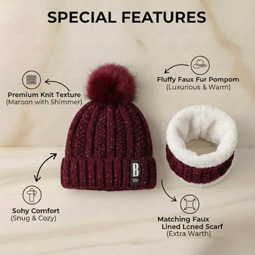 Image of Kraptick Women's Winter Beanie Cap and Scarf Set with Soft Fleece Lining, Thick Cable Knit Woolen Cap for Ladies & Neck Warmer for Extreme Cold Stylish Pom Pom Hat & Scarf Set -7