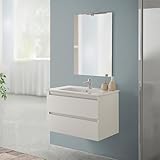 mobile bagno sospeso 80 cm rovere bianco con 2 cassetti, completo di lavabo e specchiera a filo reversibile, nadia