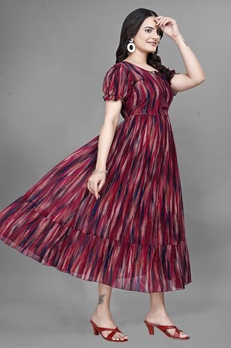 Image of Women Gown with Abstract Print | Georgette One Piece Dress with Puff Sleeves | Round Neck Tiered Midi Frock for Women | Ladies Western Maxi Dress