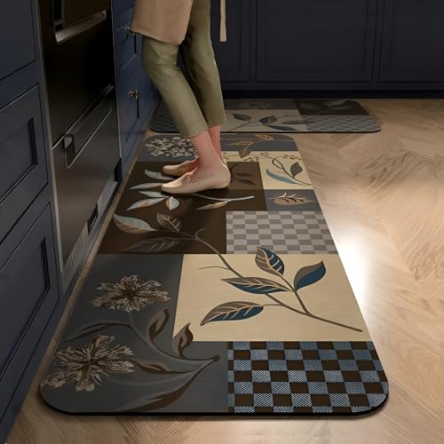 Image of Roslen Non Slip Kitchen Mats for Floor Set of 2, Anti Fatigue Memory Foam Standing Mats for Cooking & Sink, Soft Waterproof Cushioned Rugs, Absorbent Rugs for Kitchen, Office, Sink, Balcony