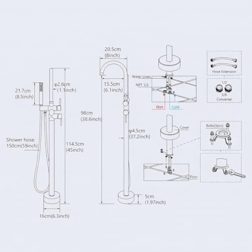 Image of BASSINO Luxury Freestanding Floor Mounted Bathtub Faucet with Hand Shower /6x8x45 Inches Premium Stand Alone Bath Tub Mixer Tap for Bathroom /Free Standing Tub Filler for Spa-Villa Bathrooms(Rose-Gold)