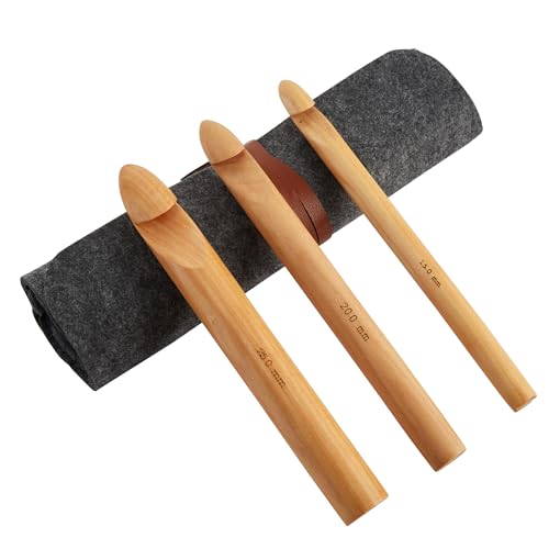Image of Bamboo Crochet Hooks Set - 15mm(P /Q), 20mm(S), 25mm(U) 3PCS Giant Hooks with Portable Case - Perfect for Big Loop or Extra Bulky Yarn Projects