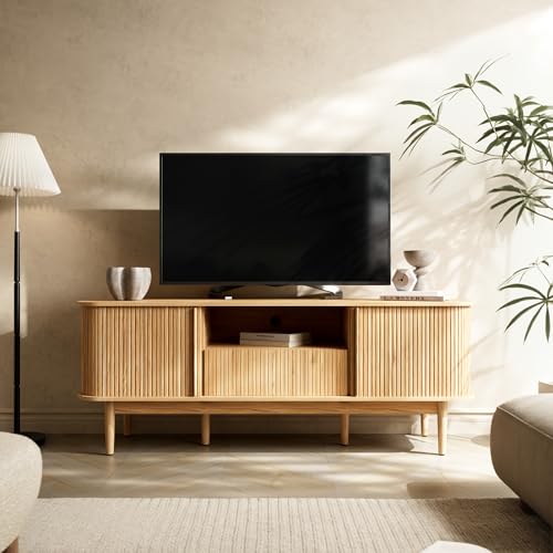 Image of Furniway Modern TV Stand for 45 /55 /70 inch TV, Entertainment Center with Sliding Doors and Storage, Wood TV Stand for Bedroom, Living Room, Natural