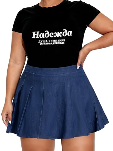 Moon Wood Women Plus Size Denim Pleated Skirt High Waisted