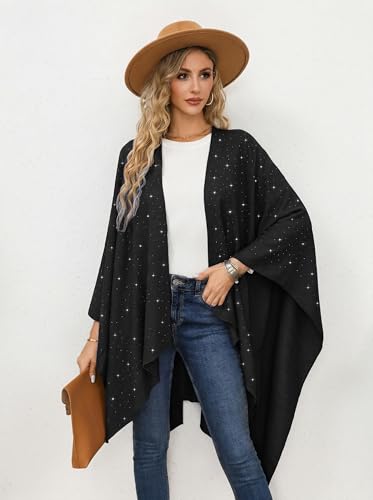 Image of Womens Rhinestones Open Front Poncho Shawl Wrap Cape Ruana Travel Blanket Cardigan