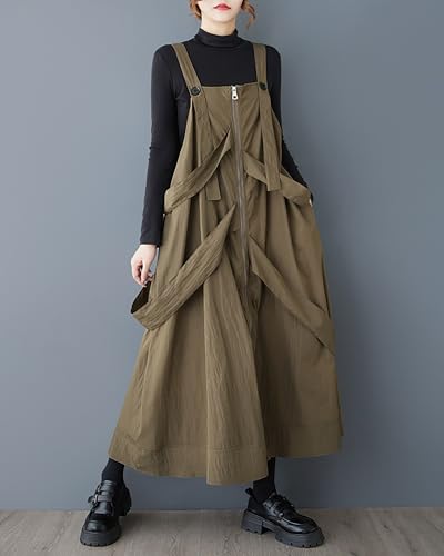 ellazhu Women's Pants Tank Zip Up Solid Two Side Pockets Flowy Hem Casual Loose Oversize GZ3884