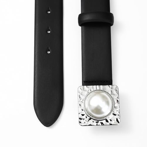 Black Belt with Square Buckle with Pearl Decorate Synthetic Leather Fashionable Waist Belt for Jeans3