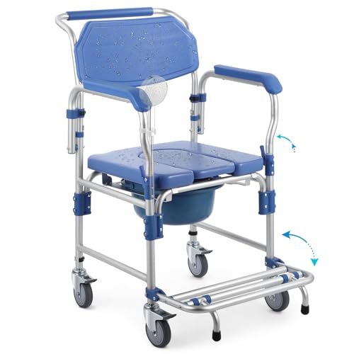 Bedside Commode Wheelchair with Drop Arms & Lockable Casters, Waterproof Aluminum Shower Chair, Anti-Tilt Foldable Footrest, Sponge Padded Seat, 330lbs Weight Capacity, 3 in 1 Bedside Commode Chair