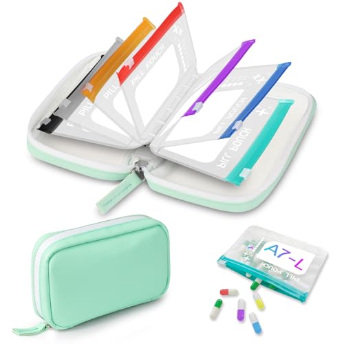 Timueetech A7 Waterproof Pill Organizer with 7 PCS L Size Zippered Pill Pouches for A7 Binder Large BPA-Free Weekly Medicine Organizer Color-Coded Reusable Travel Pill Storage System
