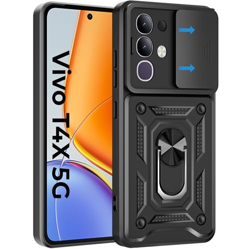 Image of A rtistque Armor Bumper Back Case Cover for IQOO Z10x / Vivo T4x / Y29 4G / Y31 Pro | Stylish Ring Holder & Inbuilt Stand | Sliding Camera Cover | IQOO Z10x Back Cover - Black