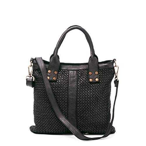 Ira del Valle, Bolso Tote Vintage Mujer y Niña, Bolso y Bandolera de Cuero Auténtico Tejido, Bolso Shopper de Moda Suave y Espacioso, Modelo Alabama, Made in Italy (Negro)