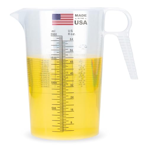 Half Gallon 64oz (2 quart) Measure Pitcher- Conversion Chart-Strong Food Grade - Resistant to Chemicals- Great for Lawn Pool & Spa Ag Home Hobbies Lye Cooking Shop Motor Oil Fluids Made In USA