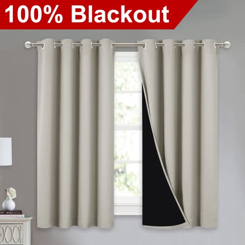 Image of NICETOWN 100% Blackout Curtains 54 inches Long, Double-Deck Completely Blackout Window Treatment Thermal Insulated Lined Drapes for Small Window (Natural, 1 Pair, 52 inches Width Each Panel)