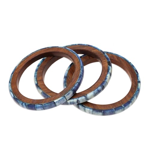 NOVICA Artisan Handmade Bone Mango Wood Bangles Blue Bracelets Set of 3 Brown India [ 8 in Inner Circ. x 0.2 in W] ' Blue Saga' Set of 34