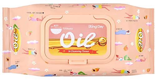 Bling Day Oil Facial Wipe Cleansing Tissue Face Makeup Remover Embossed Spunlace Fabric Contains Apricot Seed Oil Made in Korea Cosmetic (70 Count)