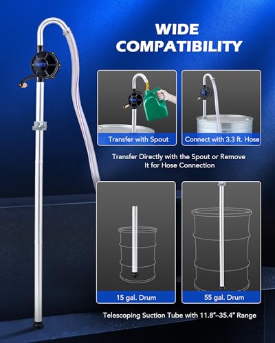 Image of OMT 55 Gallon Drum Pump, Fuel Transfer Pump for 15 to 55 Gallon Drums | Heavy Duty Aluminum Alloy Barrel Pump with 39.4 inch Discharge Hose for Non Corrosive Fluids Diesel Kerosene