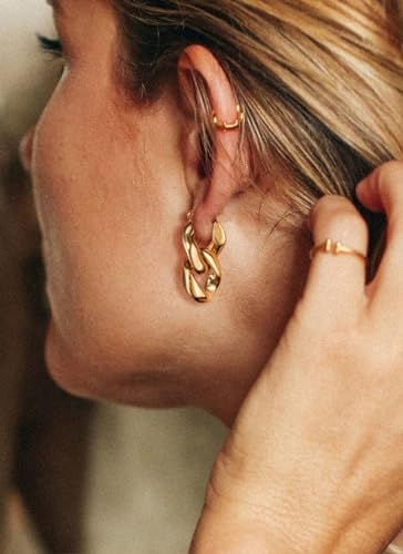 PANSTAR 18K Gold Plated Dangle Earrings, Geometric Chain Style, Gold Vermeil Earrings, Gold Tone Chunky Hoop Earrings3