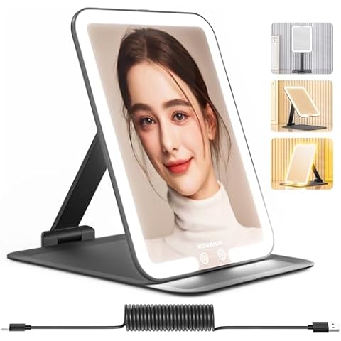 wobsion Travel Makeup Mirror, 8 * 6.1in Rechargeable Portable Folding Makeup Mirror with Lights, 3 Colors Light Up Mirror with 58 LEDs,Dimmable,Multiple Angles and High Adjustable,1500mAh,Gift,Black Cover