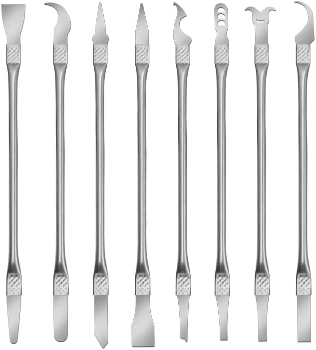 Beeiee Juego de spudger de metal, herramienta de reparación de palanca de apertura de teléfono, 8 piezas, acero inoxidable delgado para dispositivos