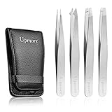 Upmore 4x Pinzette Set Edelstahl - Silbrig Augenbrauenpinzette Set Schere Pinzette, gerade schräge spitze Zupfpinzette Splitterpinzette Spitzpinzette für Frauen und Männer