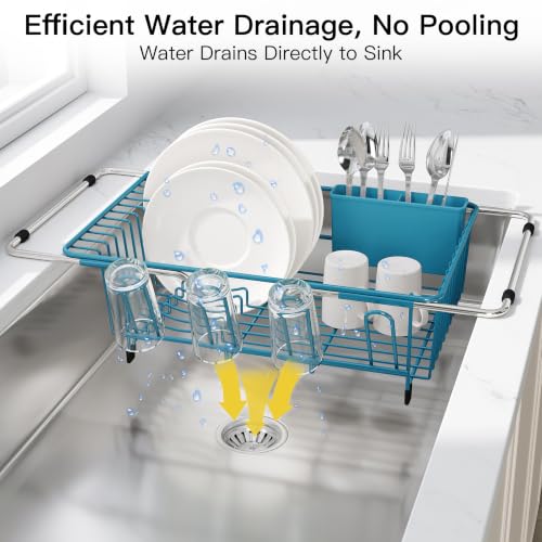 Image of JASIWAY Blue Dish Drying Rack in Sink, Dish Drainer with Utensil Holder