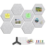 Sliandtelly Hexagon Felt Pin Board 8 Pack, Self Adhesive Notice Board for Wall (12mm Thick,Removable Tabs,80 Pins), 22x19cm Grey Vision Board for Home Kitchen Bedroom Memo Display - Replace Cork Board