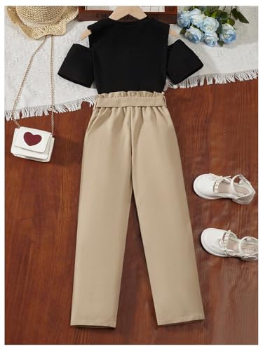 Image of OYOANGLE Girl's 2 Piece Outfits Rib Knit Short Sleeve Cold Shoulder Tee and Belted Pants Sets