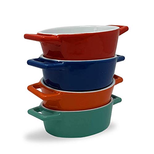 Juego de 4 bandejas horno de cerámica ovaladas pequeñas | Ideal para platos de horno, lasaña, mini cazuelas | Fuente de horno pequeña en azul, azul claro/verdoso, rojo, naranja