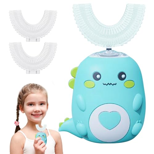 Cepillo de dientes ultrasónico 360º para niños, cepillo de dientes eléctrico con 2 cabezales de cepillo de silicona en forma de U, cepillo de dientes automático con luz LED y aspecto de dinosaurio