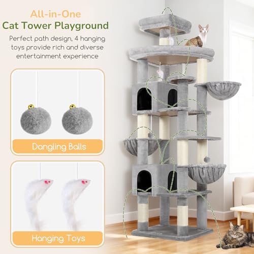 Image of Globlazer Extra Large Cat Tree Tower, 82in Tall Heavy Duty Cat Tree for Indoor Cats Large Adult Big Cat Tower with 8 Scratching Posts, 2 Cat Condos, 2 Top Perches, 3 Hanging Baskets, S82, Light Grey