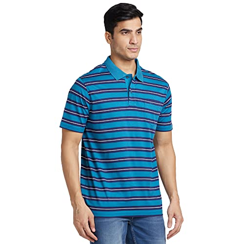 Image of Colorplus Men's Pure Cotton Stripe Pattern Classic Fit Polo Neck Half Sleeve Casual T-Shirt