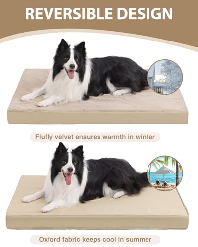 Image of KSIIA Orthopedic Dog Bed for Extra Large Dogs with Waterproof, Khaki, 47x29 | Deluxe Soft Plush Dog Crate Bed, Washable Pet Mat with Removable Cover & Egg Crate Foam for Extra Large Dogs Sleeping