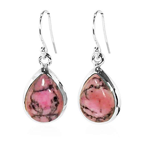 Sivalya 3.00 Ctw Pear Cut Rhodonite Earrings in 925 Sterling Silver - Genuine Pink Teardrop Shape Gemstone Solid Silver French Hook Dangle Earrings 1.5