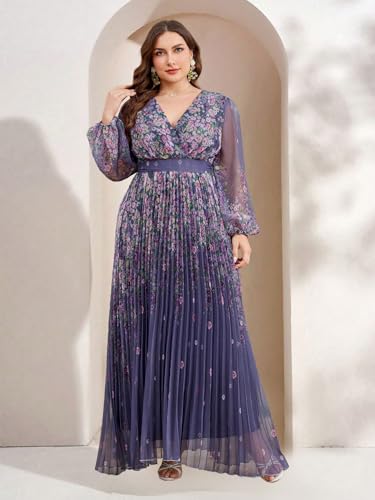 Image of Spring Summer 2024 Plus Size Womens Dresses V Neck Casual Elegant Long Sleeve Floral Print Maxi Dress