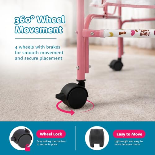Image of Amazon Brand - Supples Baby Cradle with Swing & Mosquito Net | 0-8 Months | Swing Lock | 4 Wheels with Brake | Soft & Comfortable for Baby Sleep | Sturdy Mild Steel Frame | Pink