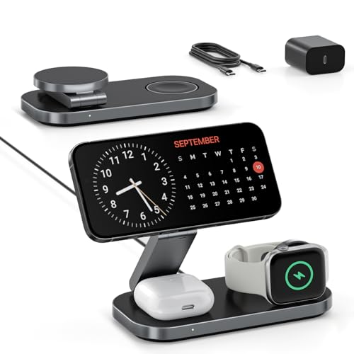 Image of Keepro 3-in-1 Charging Station for Apple Device, Foldable Magnetic Wireless Fast Charger Stand Compatible with MagSafe for iPhone 17e /17 /16 /15 /14 /13 /12 /Air Series, Apple Watch & AirPods-Black