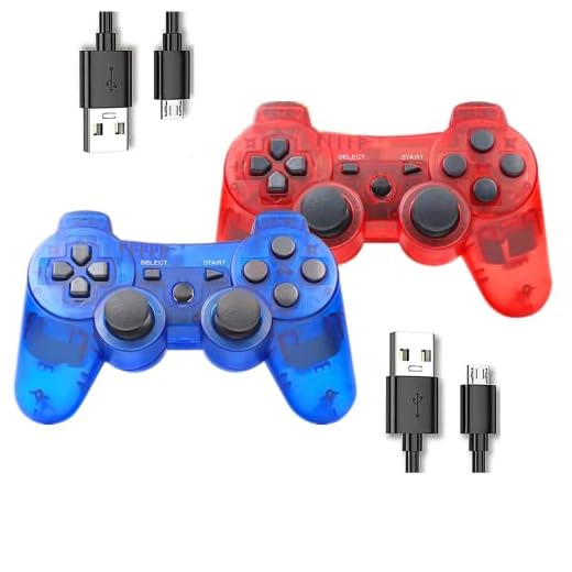 Rzzhgzq 2 Pack PS3 Wireless Controller Playstation 3 Controller Wireless Bluetooth Gamepad with USB Charger Cable for PS3 Console (Clear Blue+Clear Red)