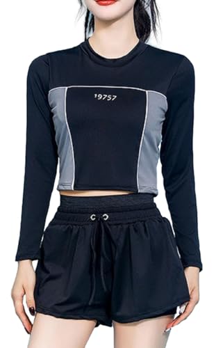 [andrei] アンドレイ ラッシュガード 上下 2点 セット 長袖 ショート パンツ 短パン uv カット 紫外線 対策 スポーツ レディース (ブラック, XXL)