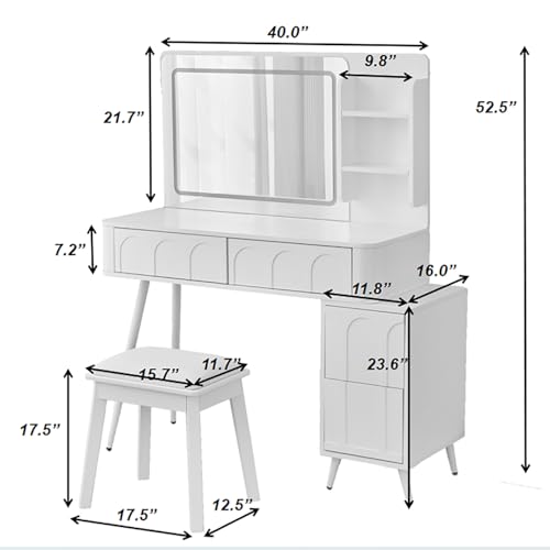 Image of JIVOIT Modern Makeup Vanity Desk with Mirror, Dressing Table Set with Stool, Unique Fluted Waveform Panels, Space-Saving Vanity Set with 4 Drawer, Strong Metal Legs, Easy Assembly (White / /3)